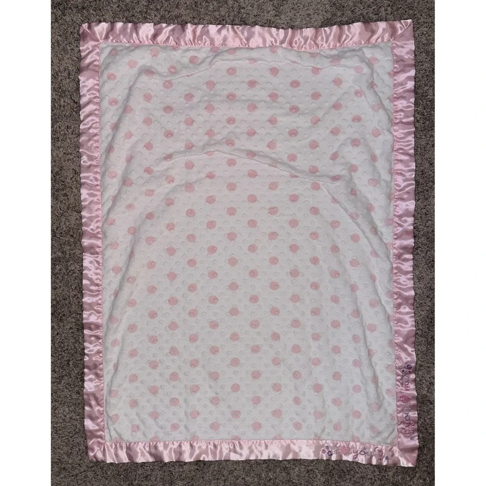 Just Born I Love You Pink And White Bird Flower Minky Dot Satin Baby Blanket